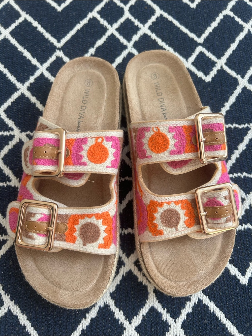 Wild Diva Kids Pink, Orange & Tan Embroidered Double-Buckle Slide Sandals